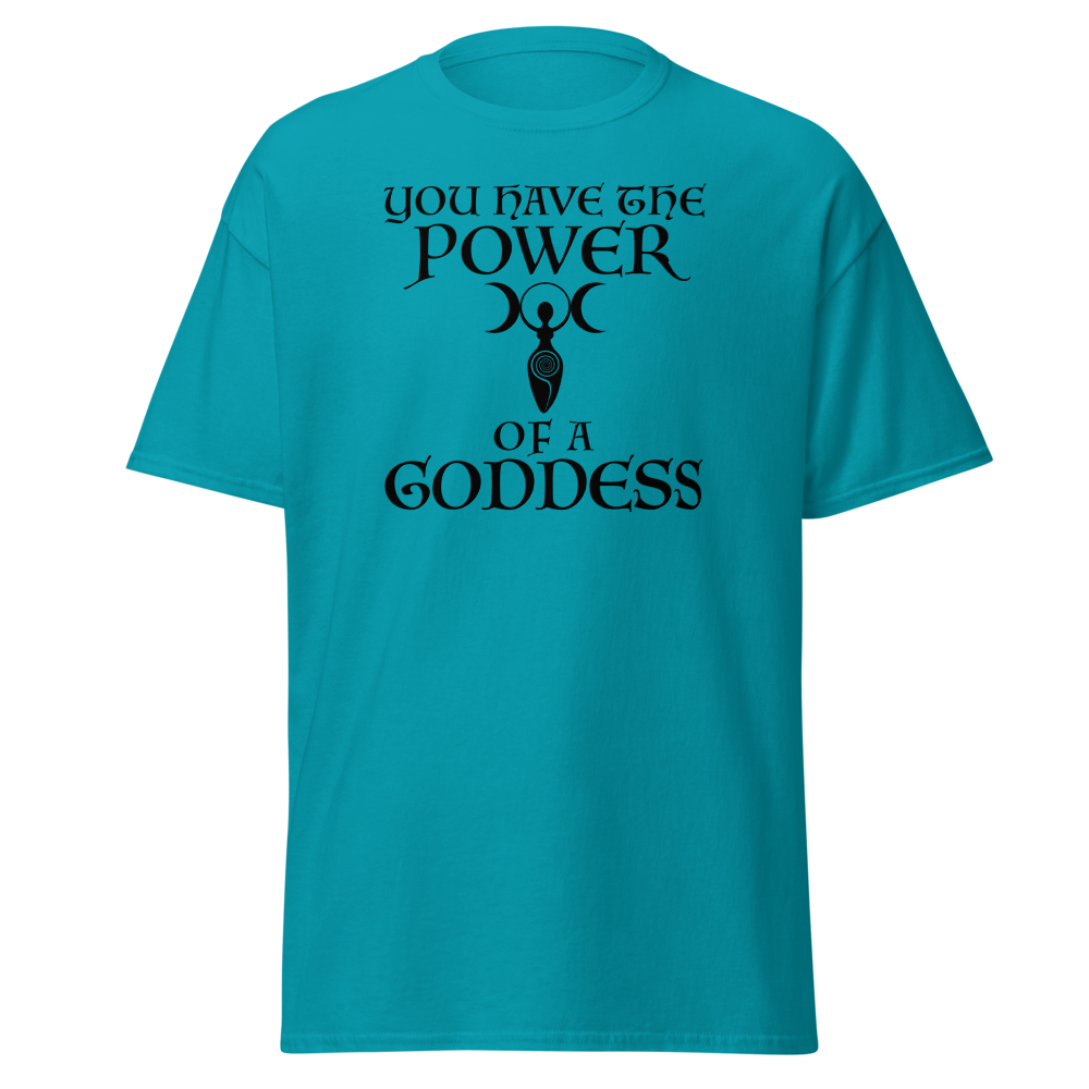 "You have the power of a goddess" printed on a tropical blue on an invisible body