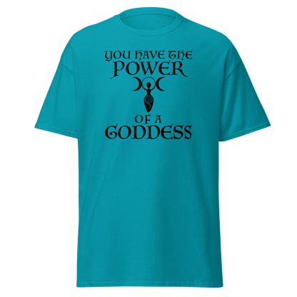 "You have the power of a goddess" printed on a tropical blue on an invisible body