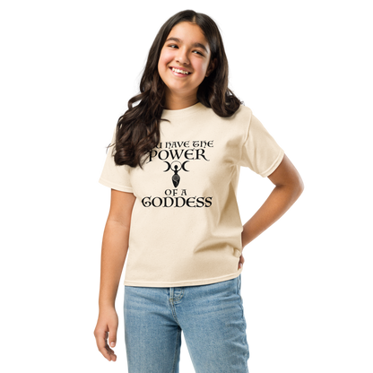 "You have the power of a goddess" printed on a natural youth classic tee worn by a female
