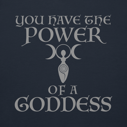 "You have the power of a goddess" printed on a navy blazer background