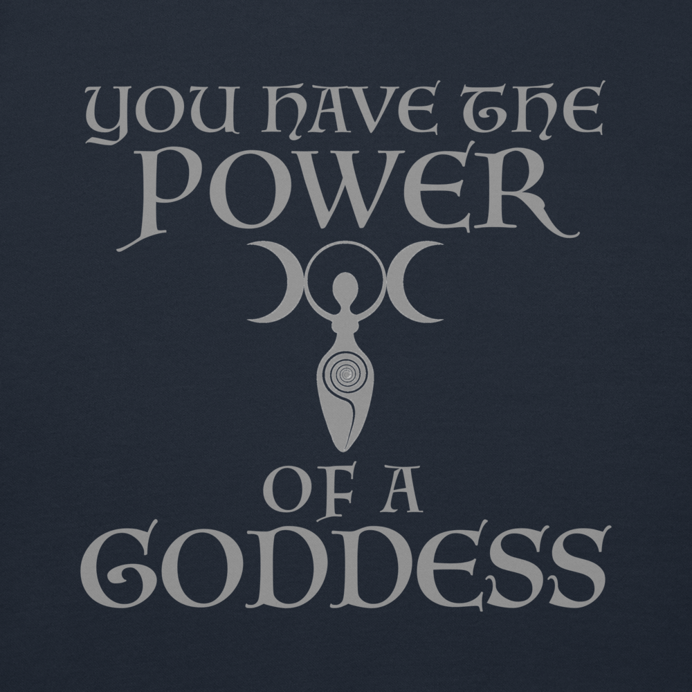 "You have the power of a goddess" printed on a navy blazer background
