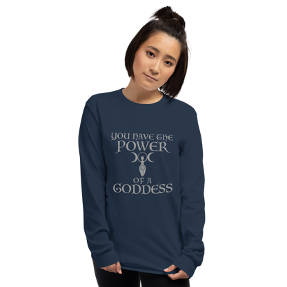 "You have the power of a goddess" printed on a navy men's long sleeve shirt worn by a female