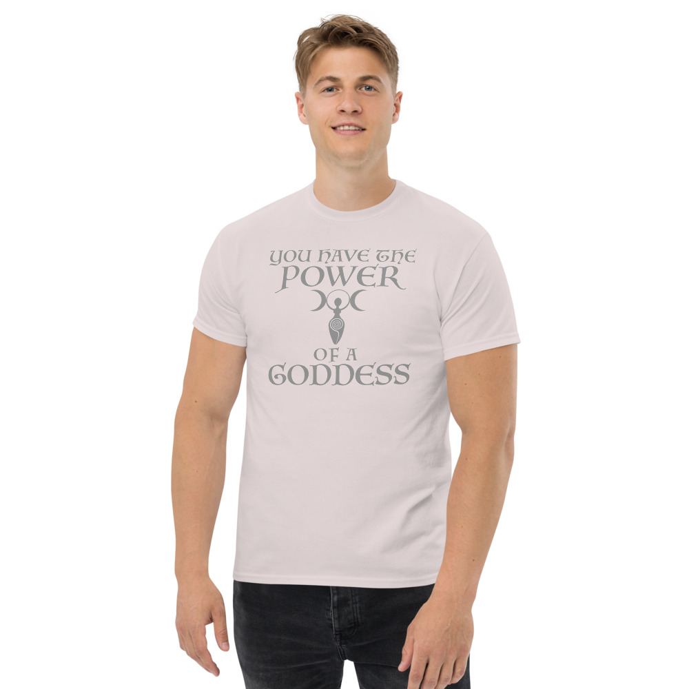 "You have the power of a goddess" printed on a ice grey unisex classic tee worn by a male