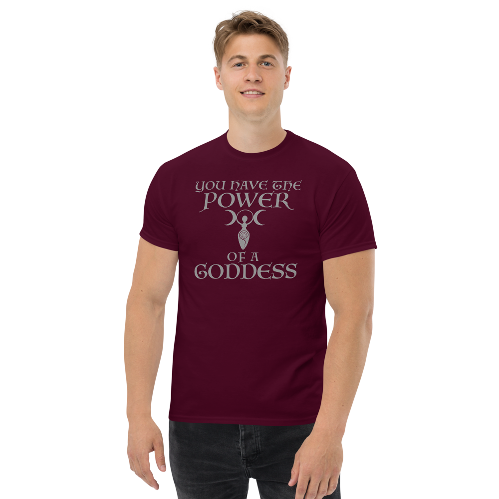 "You have the power of a goddess" printed on a maroon unisex classic tee worn by a male