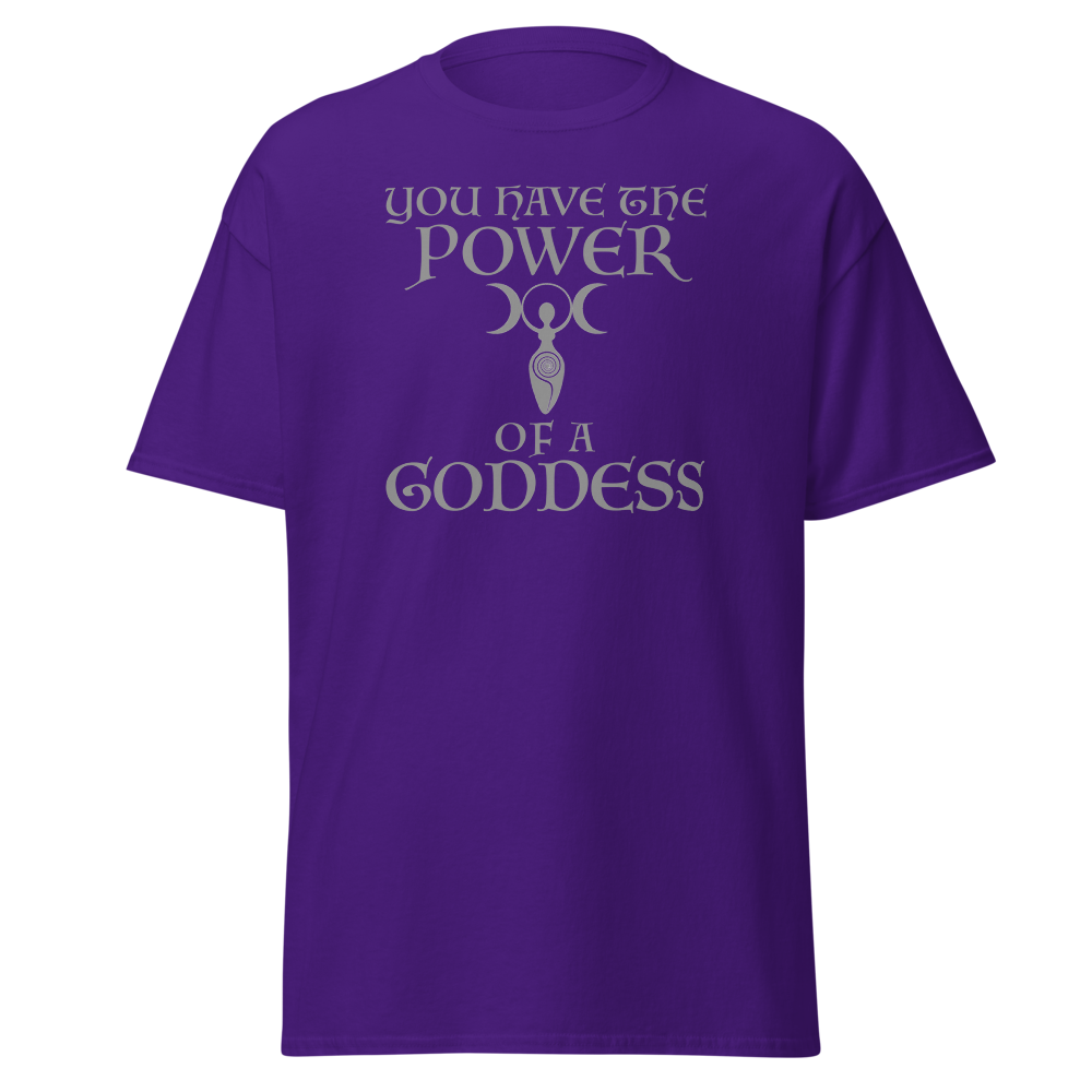 "You have the power of a goddess" printed on a purple on an invisible body