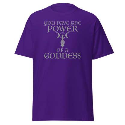 "You have the power of a goddess" printed on a purple on an invisible body