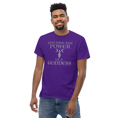 "You have the power of a goddess" printed on a purple unisex classic tee worn by a male