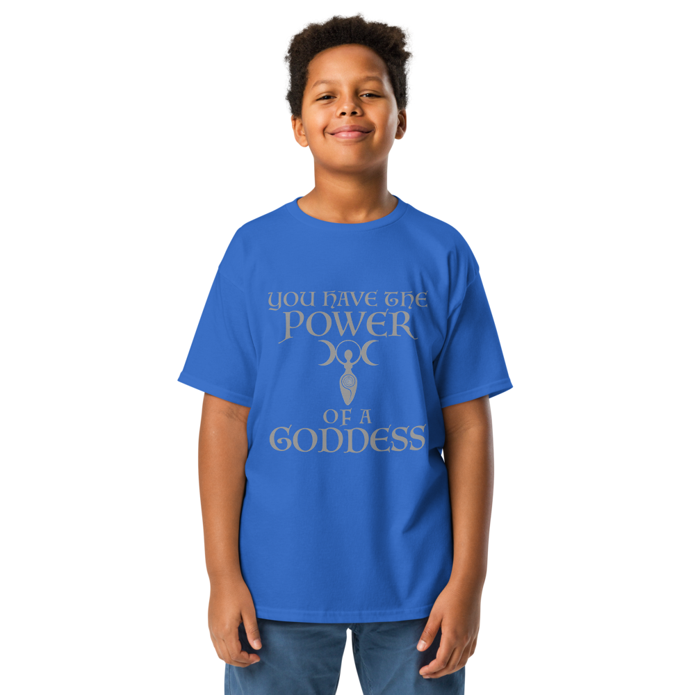 "You have the power of a goddess" printed on a royal youth classic tee worn by a male
