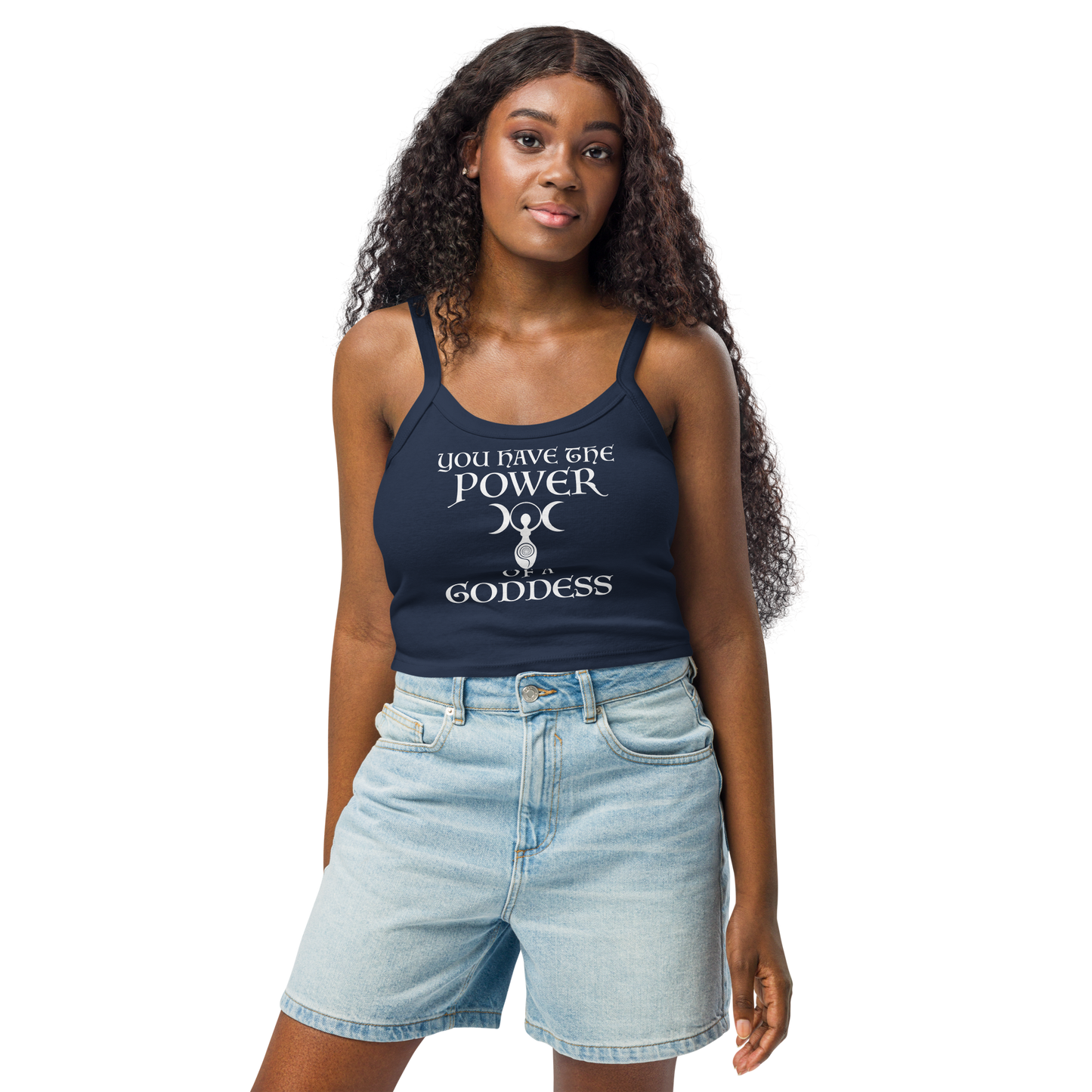 "You have the power of a goddess" printed on a solid navy blend women's micro-rib tanktop worn by a female