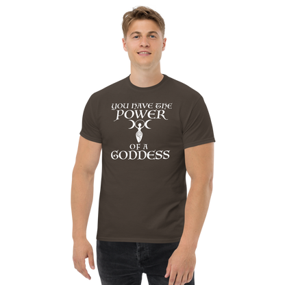 "You have the power of a goddess" printed on a dark chocolate unisex classic tee worn by a male