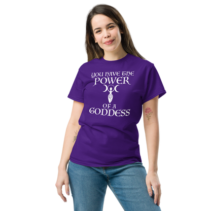 "You have the power of a goddess" printed on a purple unisex classic tee worn by a female