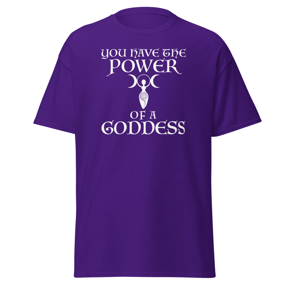 "You have the power of a goddess" printed on a purple on an invisible body