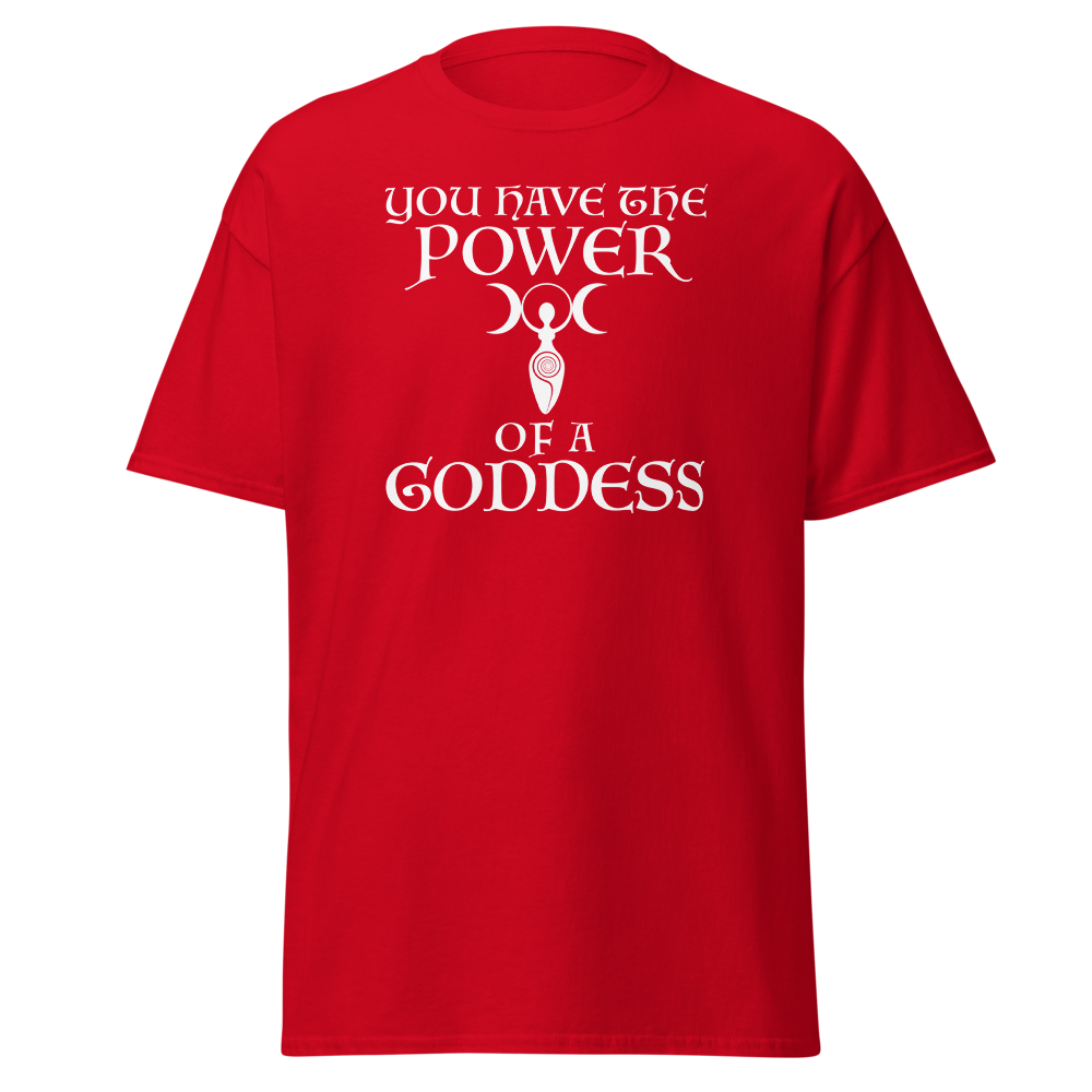 "You have the power of a goddess" printed on a red on an invisible body