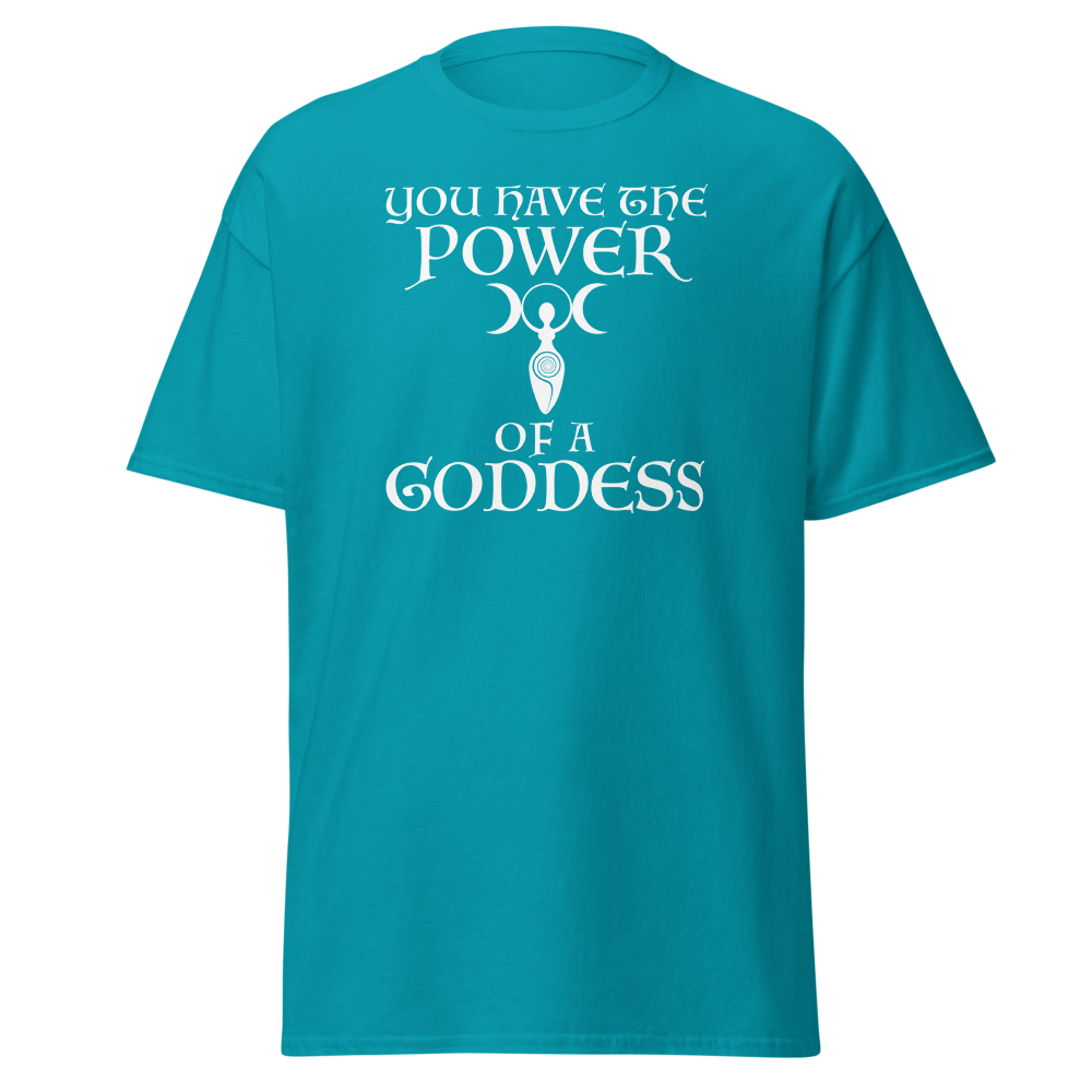 "You have the power of a goddess" printed on a tropical blue on an invisible body