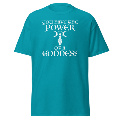 "You have the power of a goddess" printed on a tropical blue on an invisible body