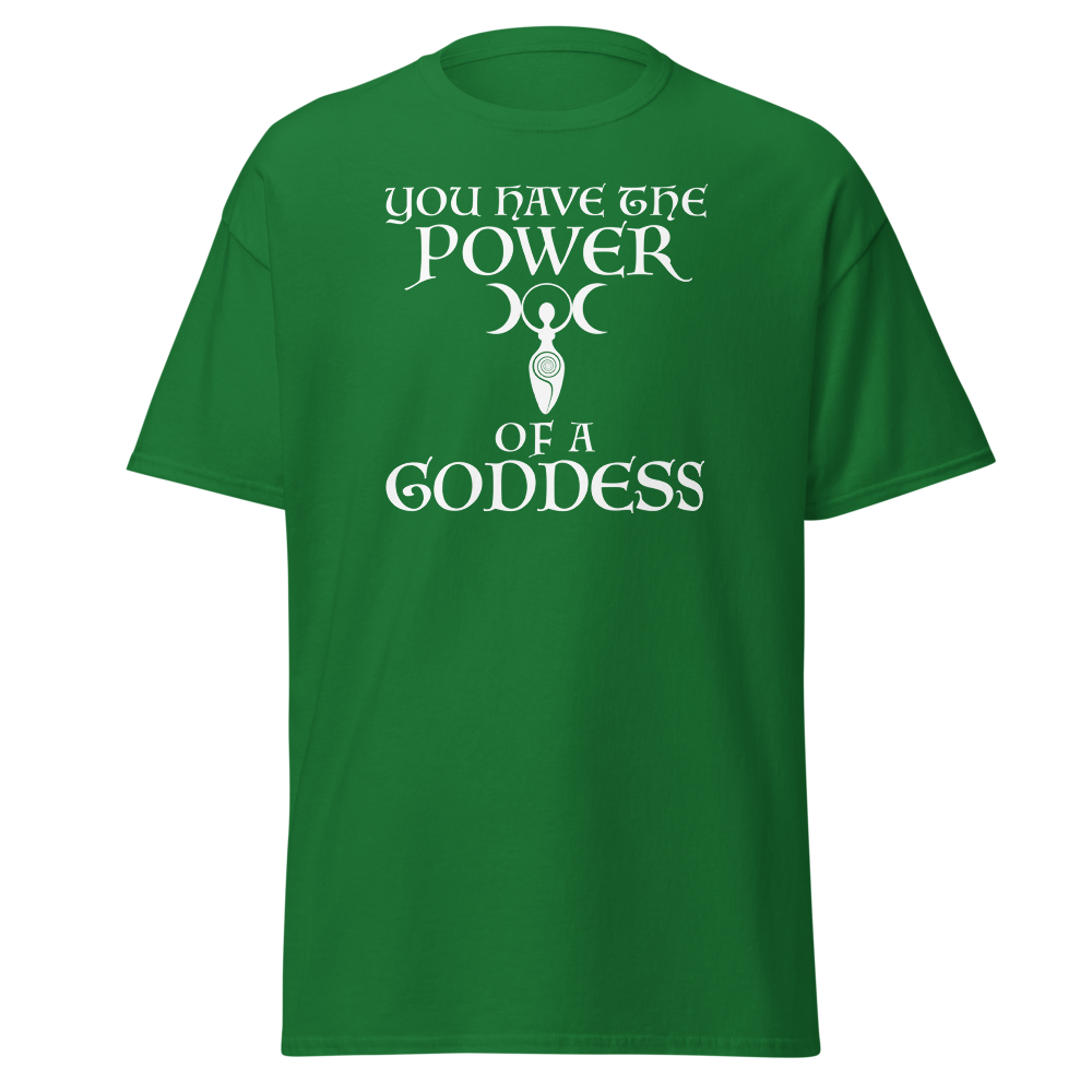 "You have the power of a goddess" printed on a turf green on an invisible body