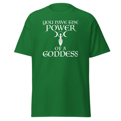 "You have the power of a goddess" printed on a turf green on an invisible body