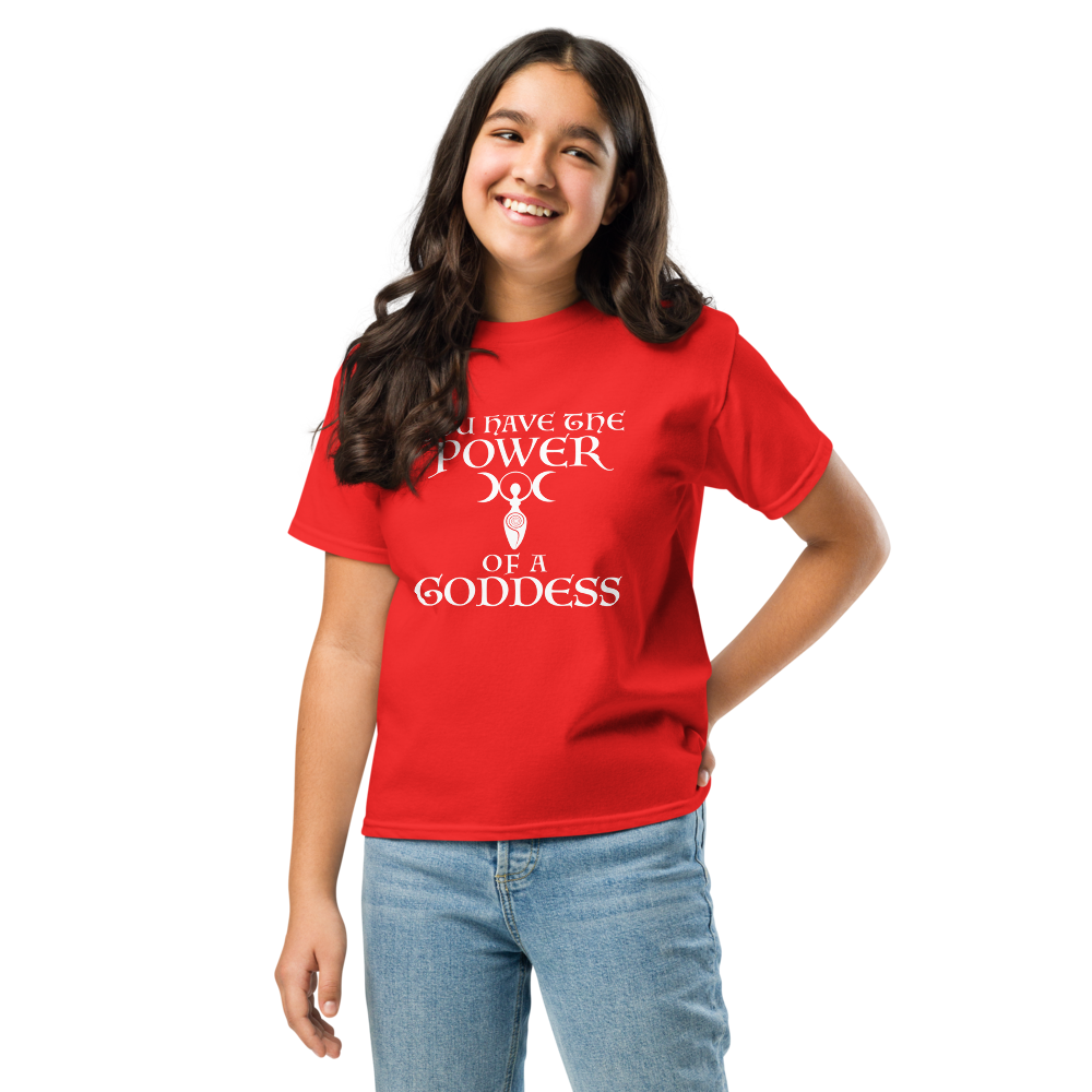 "You have the power of a goddess" printed on a red youth classic tee worn by a female