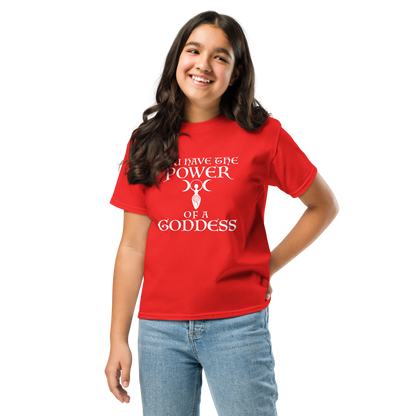 "You have the power of a goddess" printed on a red youth classic tee worn by a female