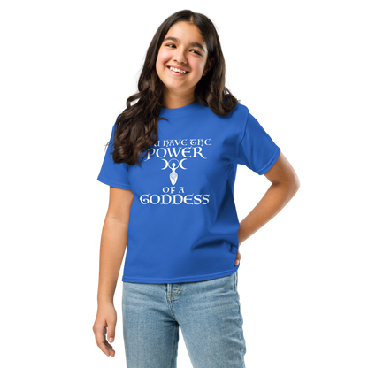 "You have the power of a goddess" printed on a royal youth classic tee worn by a female