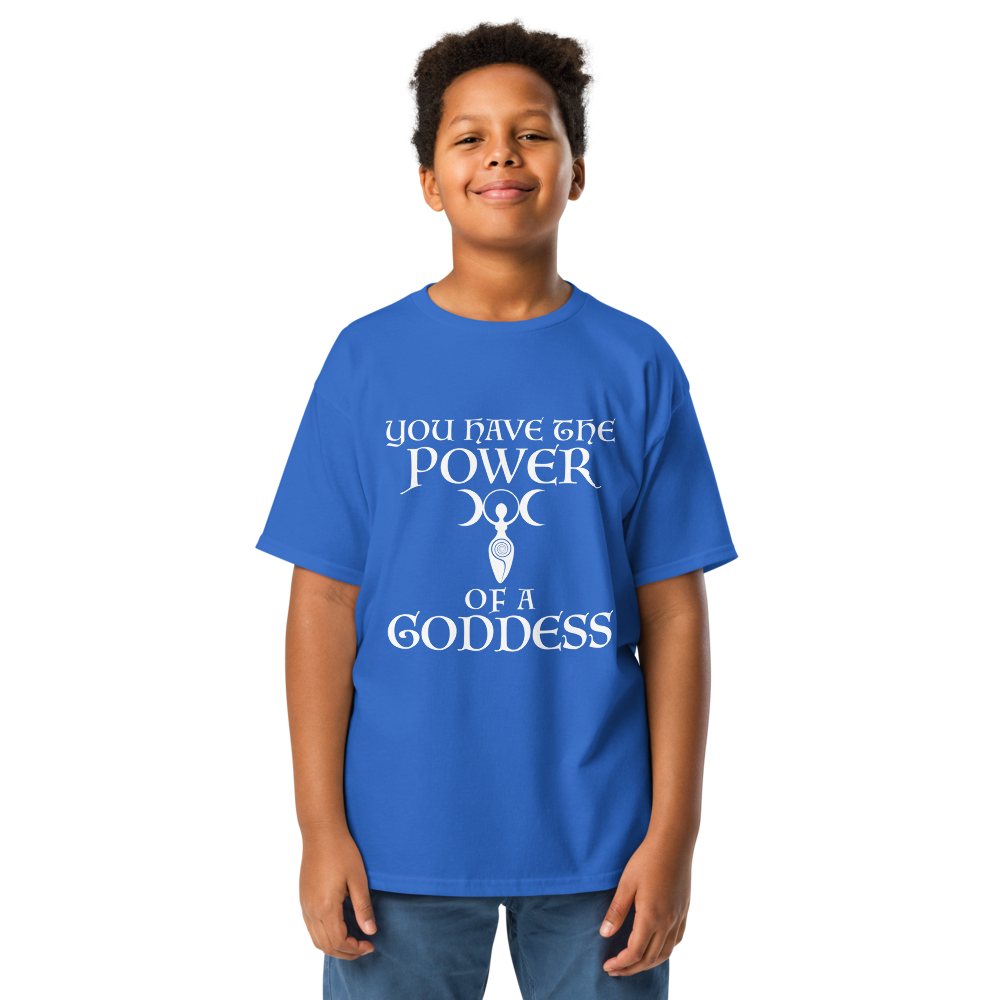 "You have the power of a goddess" printed on a royal youth classic tee worn by a male