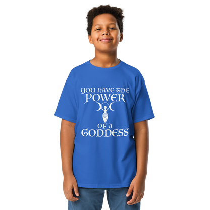 "You have the power of a goddess" printed on a royal youth classic tee worn by a male
