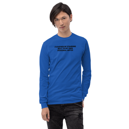 "I'd rather be standing next to my own personal abyss" printed on a royal men's long sleeve shirt worn by a male