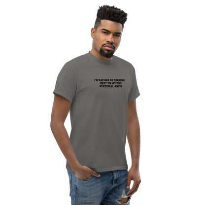 "I'd rather be standing next to my own personal abyss" printed on a charcoal unisex classic tee worn by a male