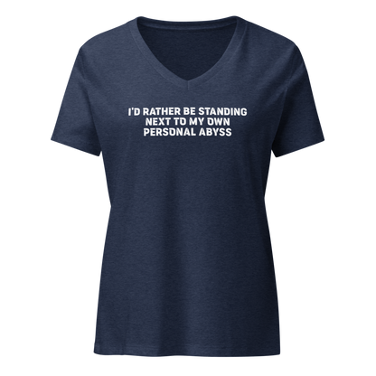 "I'd rather be standing next to my own personal abyss" printed on a heather navy on an invisible / simulated body