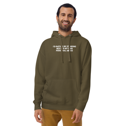 "I'd rather be standing next to my own personal abyss" printed on a military green warn by a male
