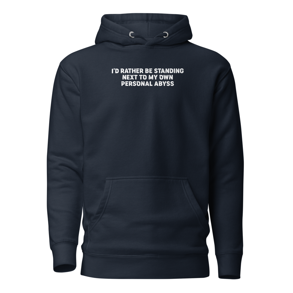 "I'd rather be standing next to my own personal abyss" printed on a navy blazer on an invisible / simulated body