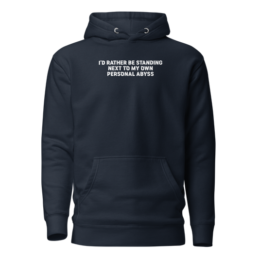 "I'd rather be standing next to my own personal abyss" printed on a navy blazer on an invisible / simulated body