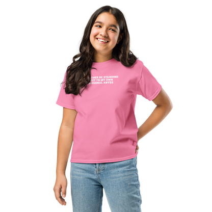 "I'd rather be standing next to my own personal abyss" printed on a azalea youth classic tee worn by a female