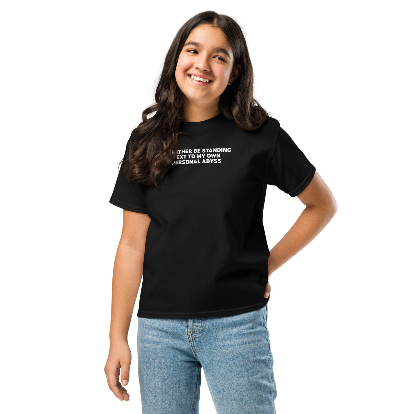 "I'd rather be standing next to my own personal abyss" printed on a black youth classic tee worn by a female