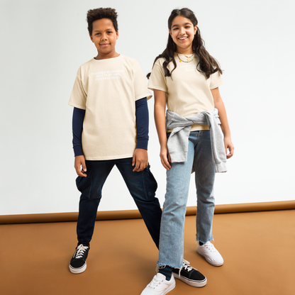 "I'd rather be standing next to my own personal abyss" printed on a natural youth classic tee worn by a female and male
