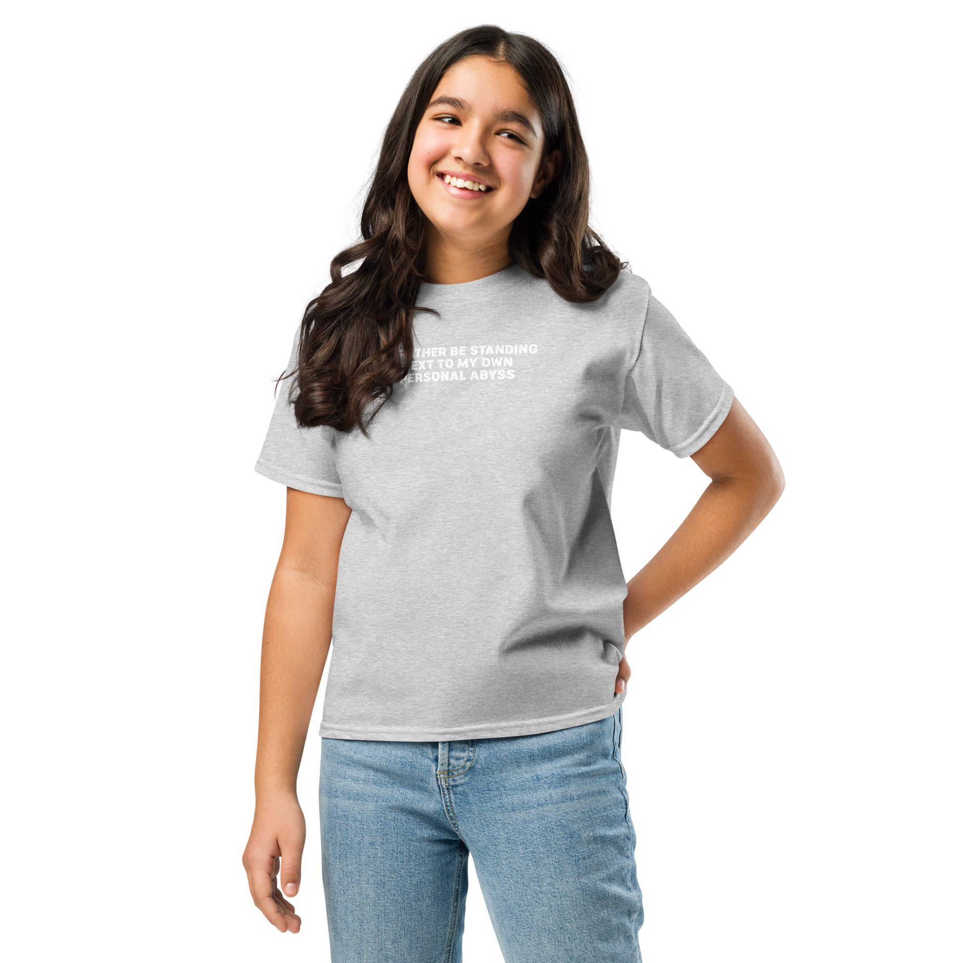"I'd rather be standing next to my own personal abyss" printed on a sport grey youth classic tee worn by a female