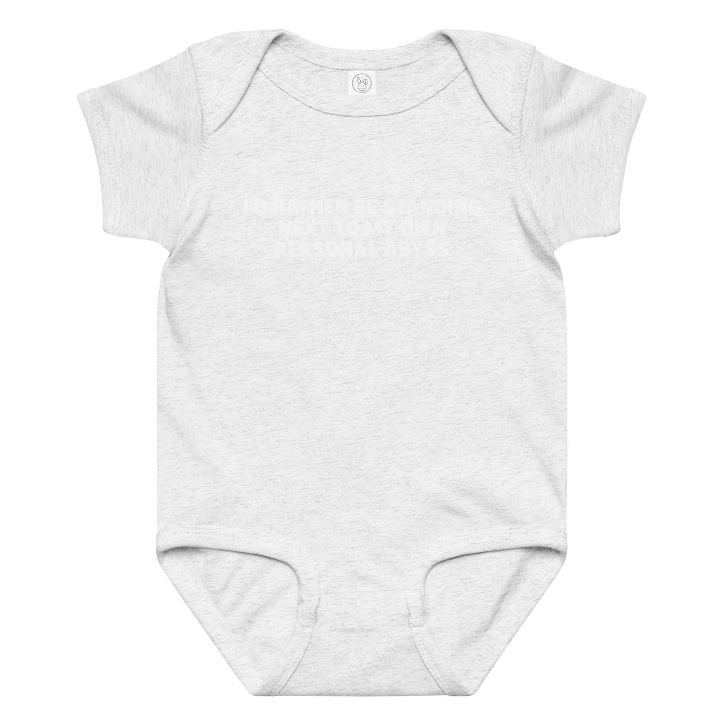 "I'd rather be standing next to my own personal abyss" printed on a ash baby jersey bodysuit laying on a flat surface amongst other clothes