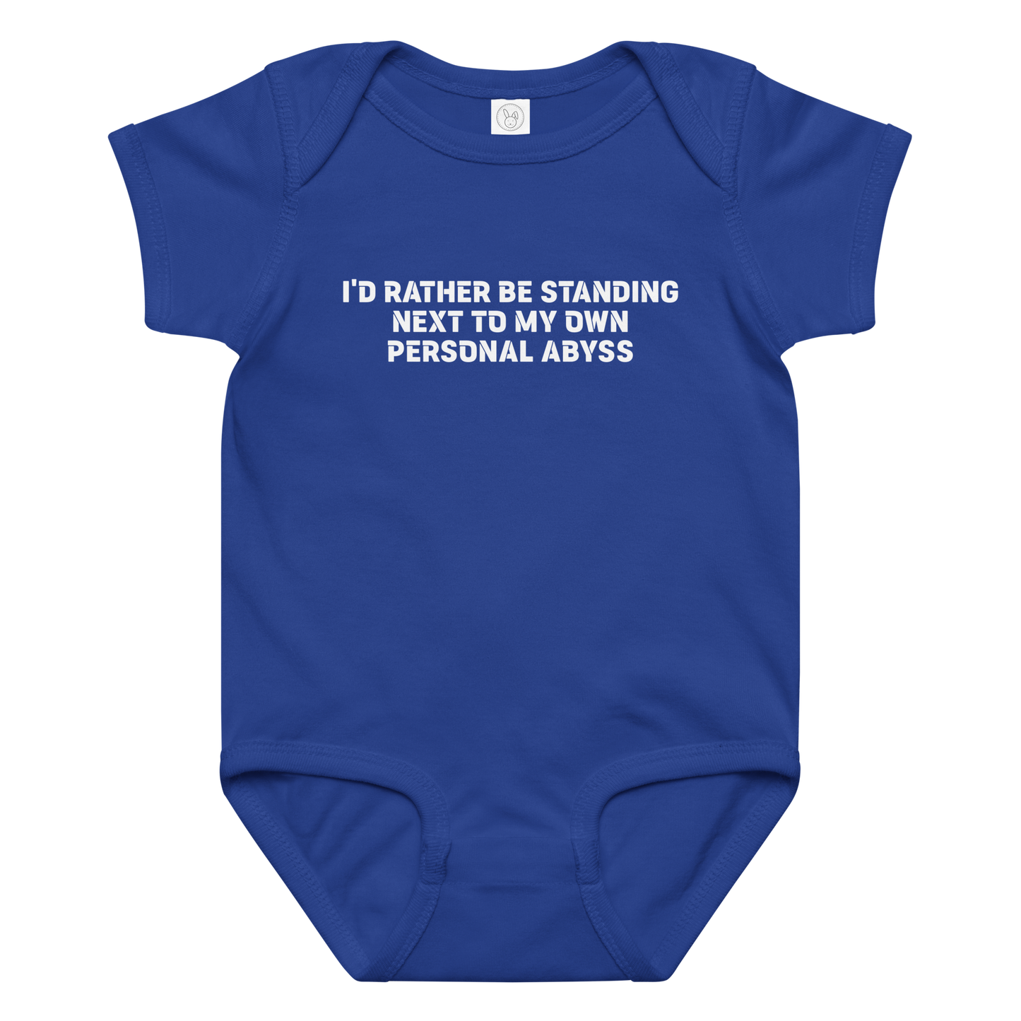 "I'd rather be standing next to my own personal abyss" printed on a royal baby jersey bodysuit laying on a flat surface amongst other clothes