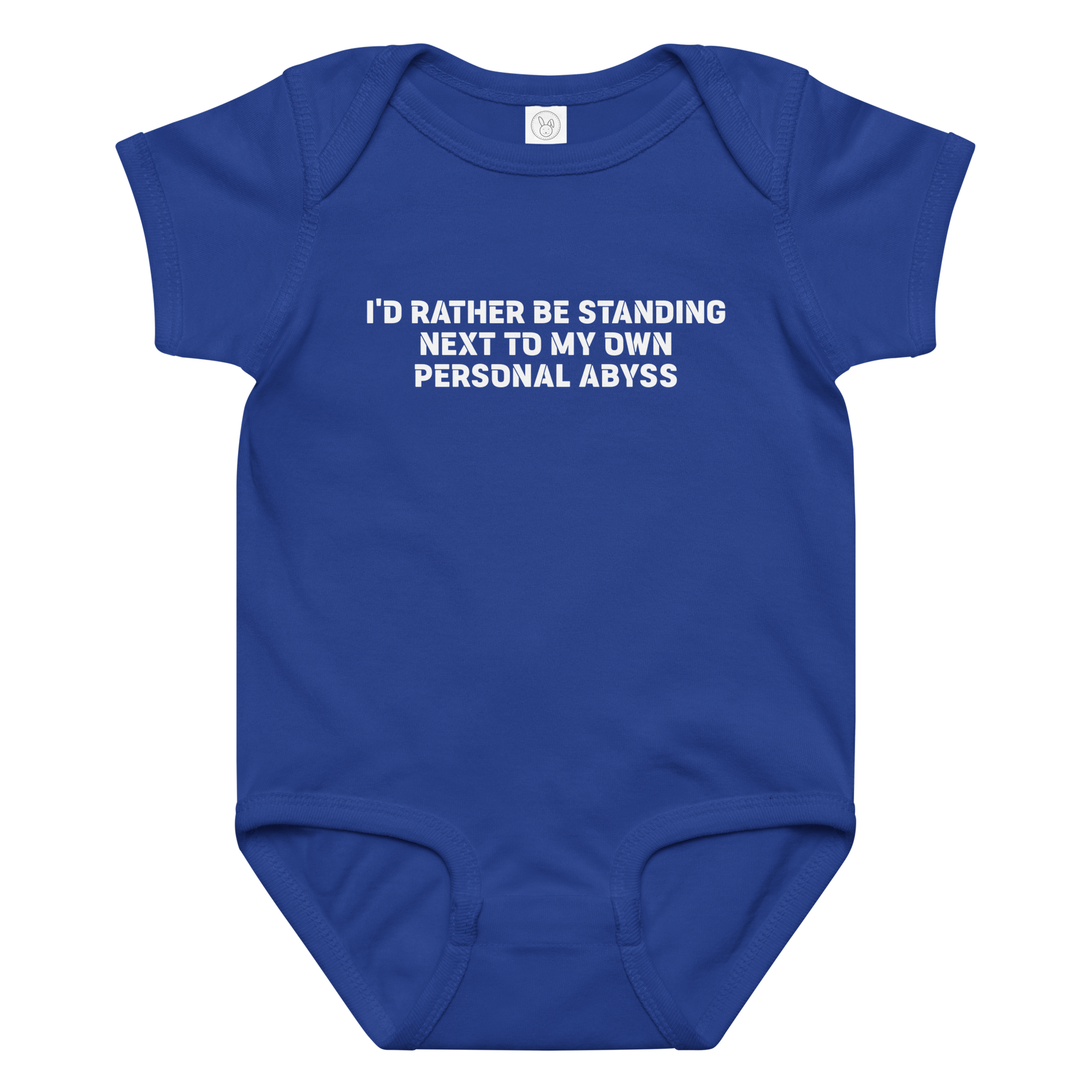 "I'd rather be standing next to my own personal abyss" printed on a royal baby jersey bodysuit laying on a flat surface amongst other clothes