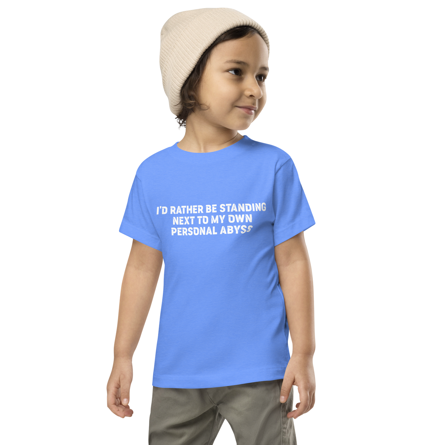 "I'd rather be standing next to my own personal abyss" printed on a heather columbia blue toddler short sleeve tee worn by a male wearing a cap