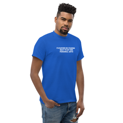 "I'd rather be standing next to my own personal abyss" printed on a royal unisex classic tee worn by a male