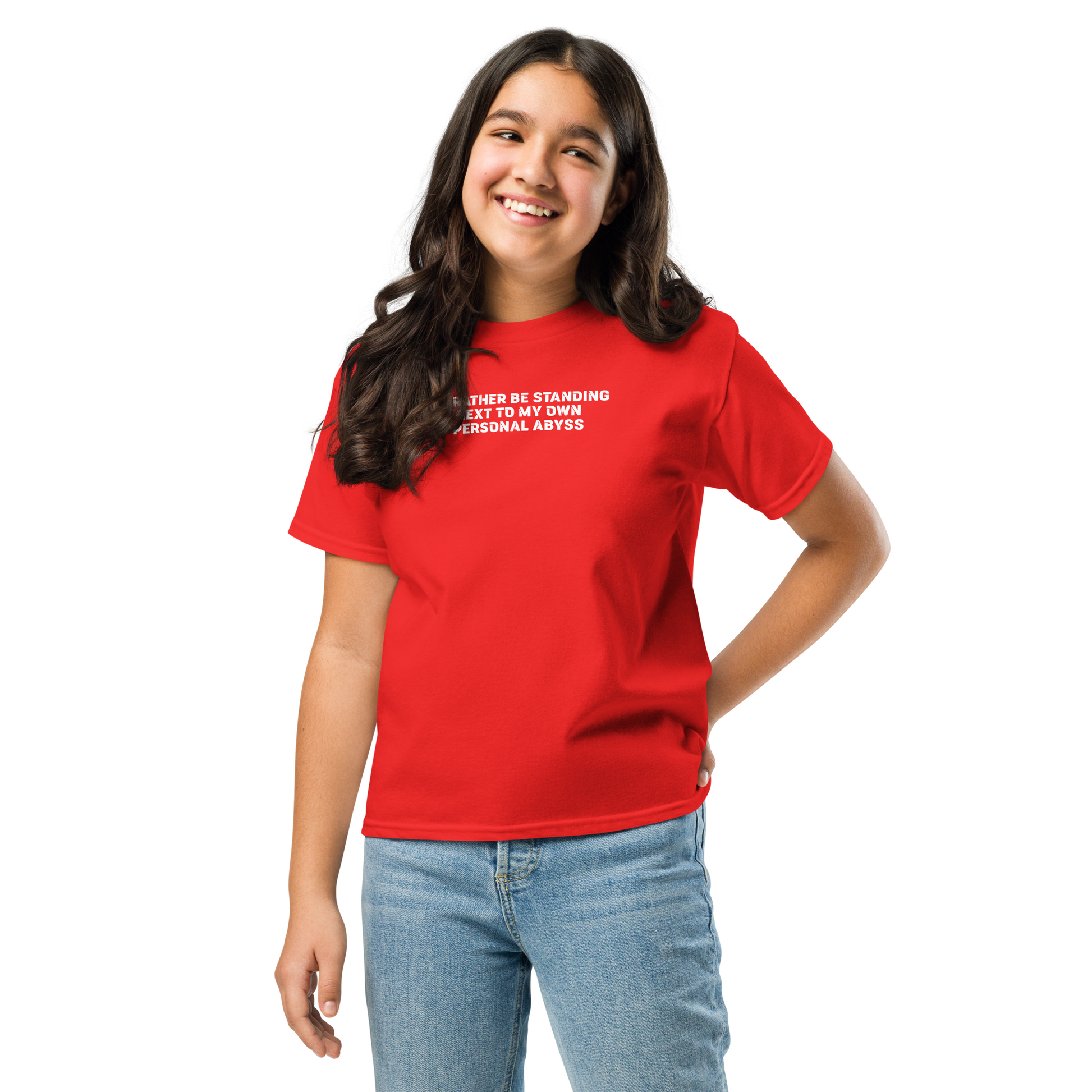 "I'd rather be standing next to my own personal abyss" printed on a red youth classic tee worn by a female