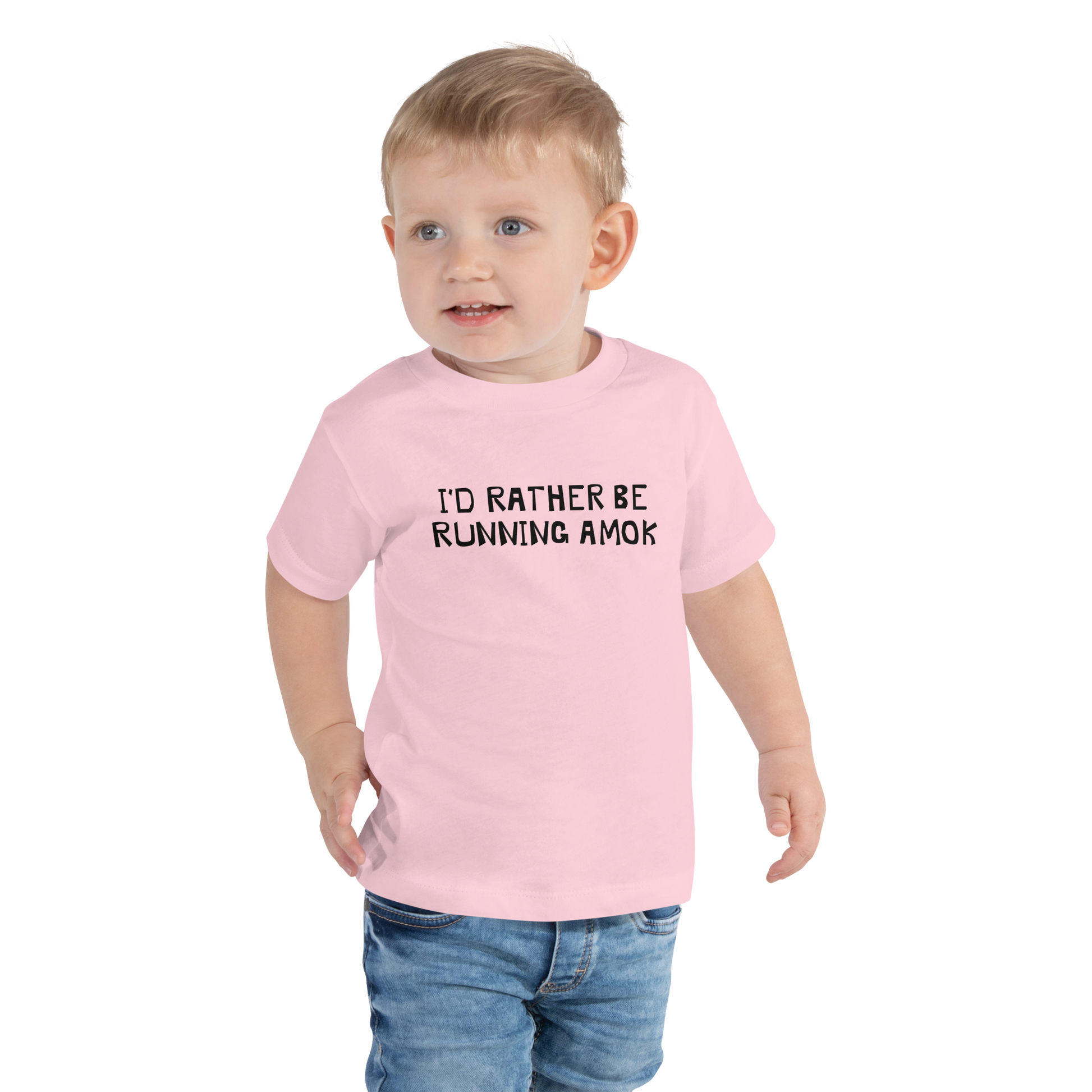 "I’d rather be running amok" printed on a pink toddler short sleeve tee worn by a male