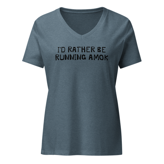 "I’d rather be running amok" printed on a heather slate on an invisible / simulated body