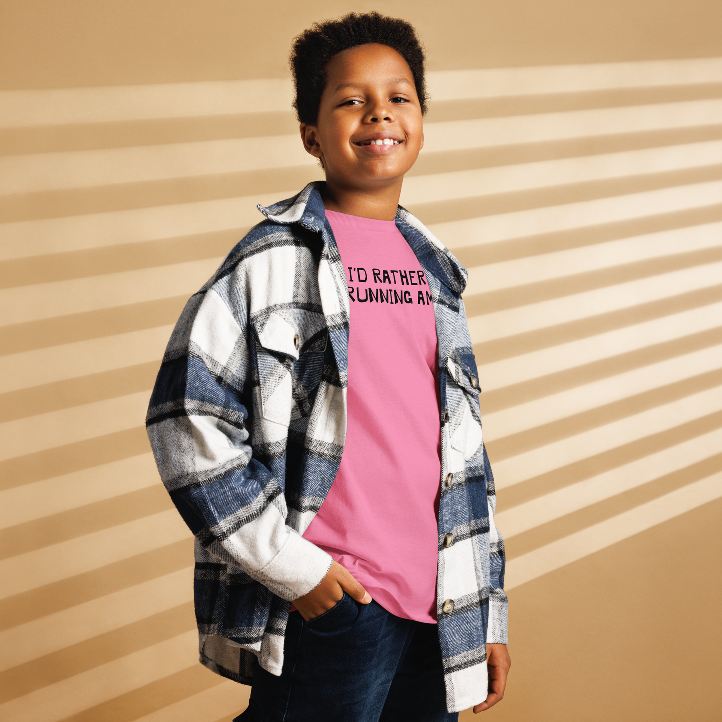 "I’d rather be running amok" printed on a azalea youth classic tee worn by a male also wearing a jacket