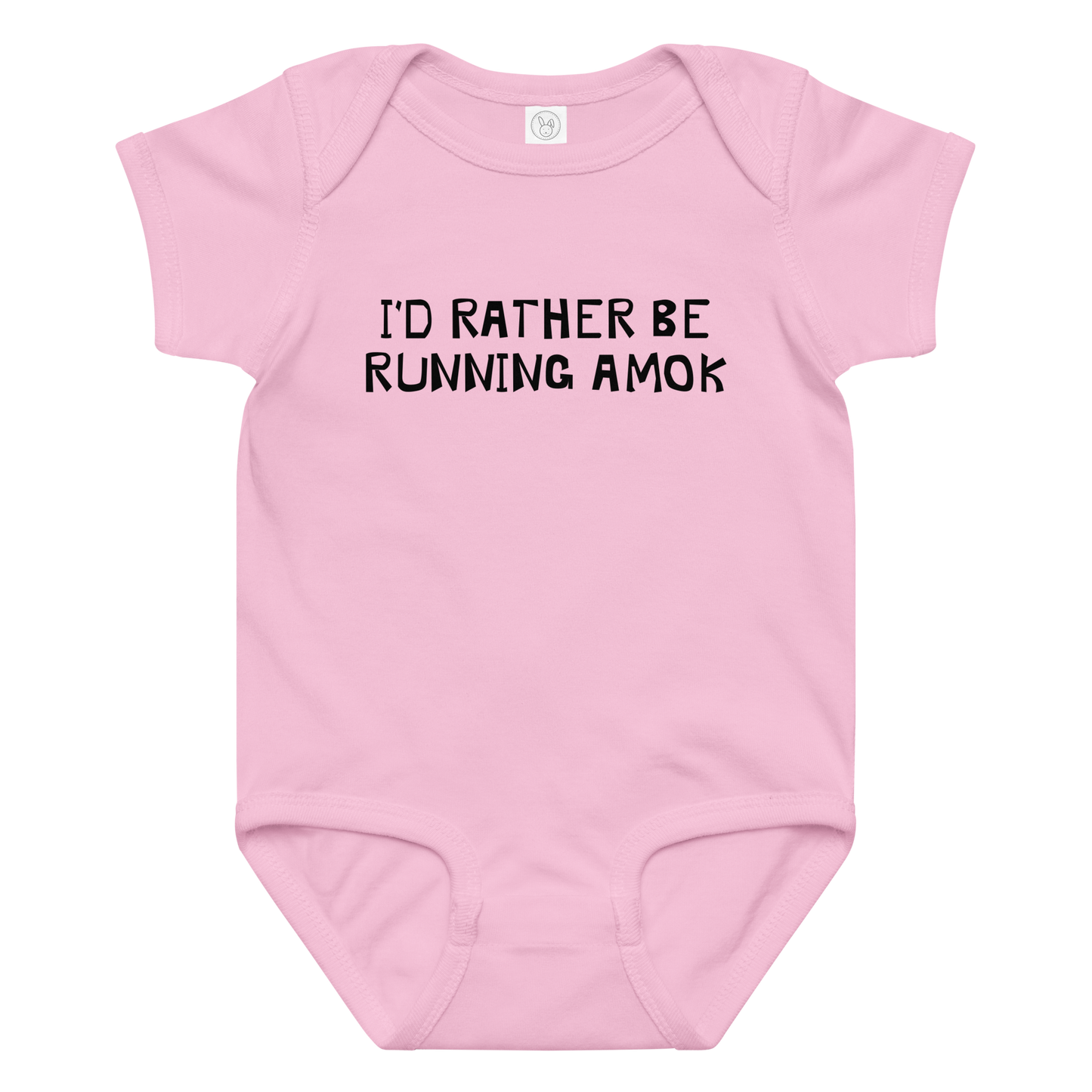 "I’d rather be running amok" printed on a pink baby jersey bodysuit laying on a flat surface amongst other clothes