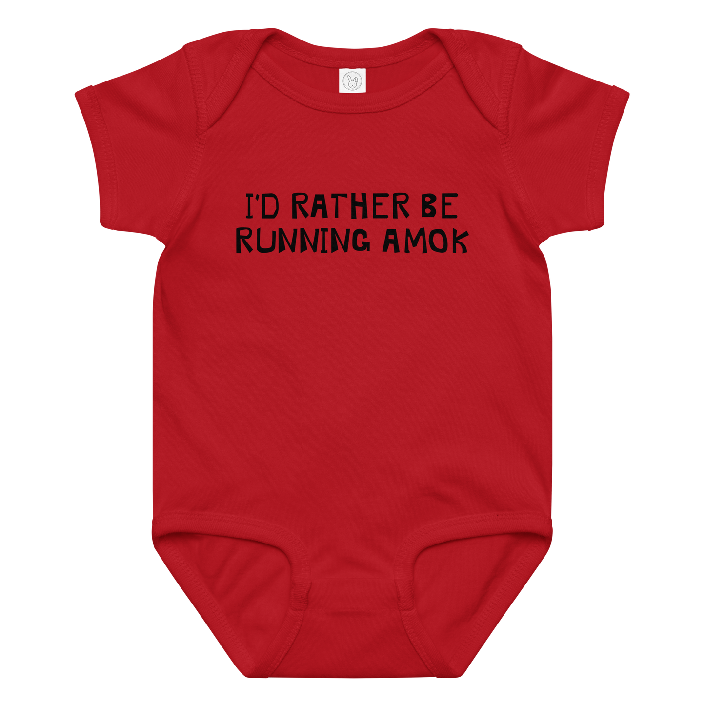 "I’d rather be running amok" printed on a red baby jersey bodysuit laying on a flat surface amongst other clothes
