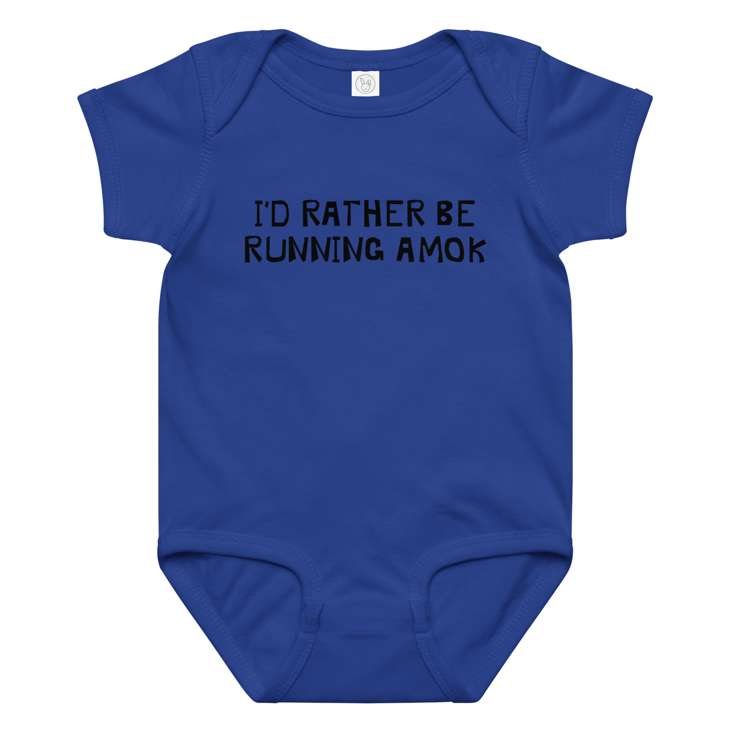 "I’d rather be running amok" printed on a royal baby jersey bodysuit laying on a flat surface amongst other clothes