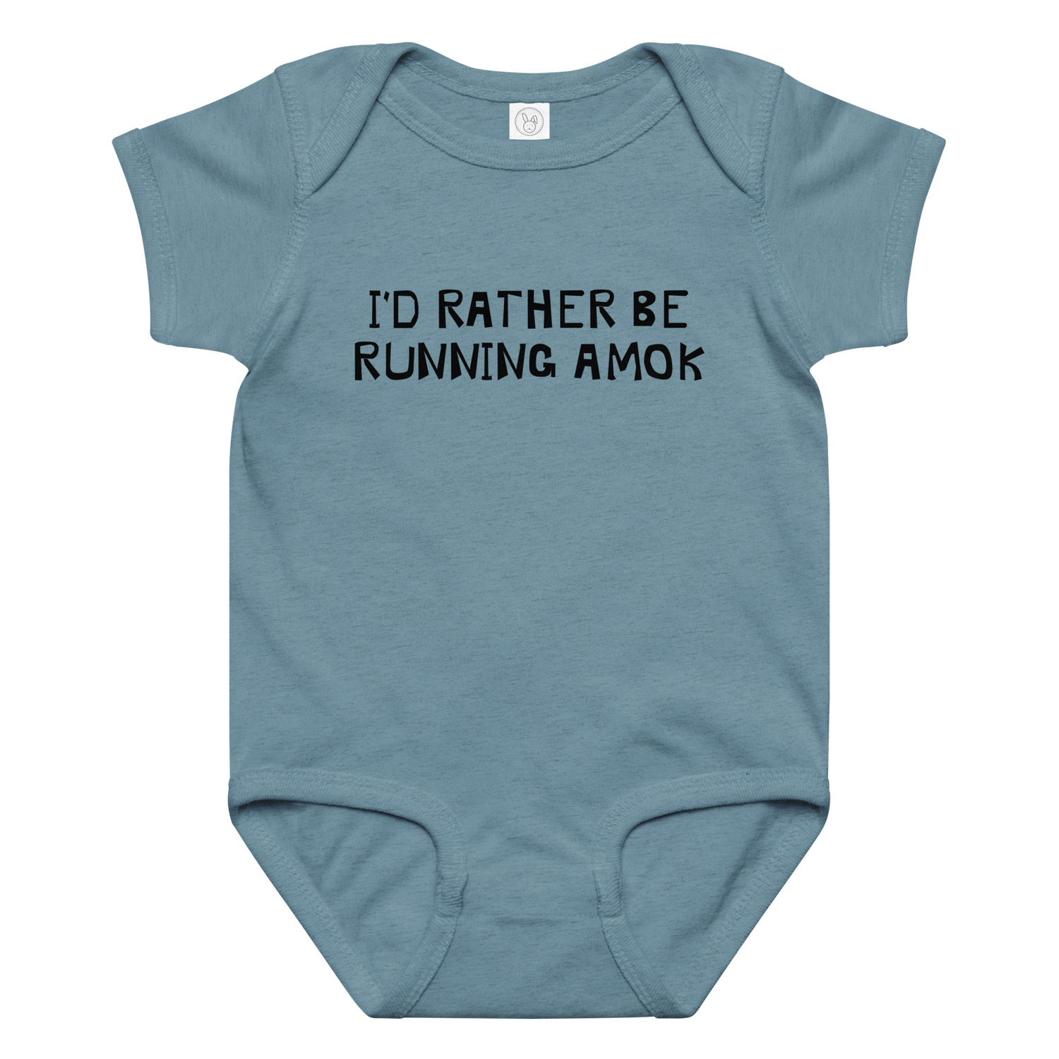 "I’d rather be running amok" printed on a vintage indigo baby jersey bodysuit laying on a flat surface amongst other clothes