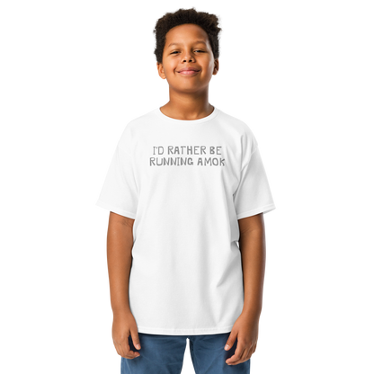 "I’d rather be running amok" printed on a white youth classic tee worn by a male